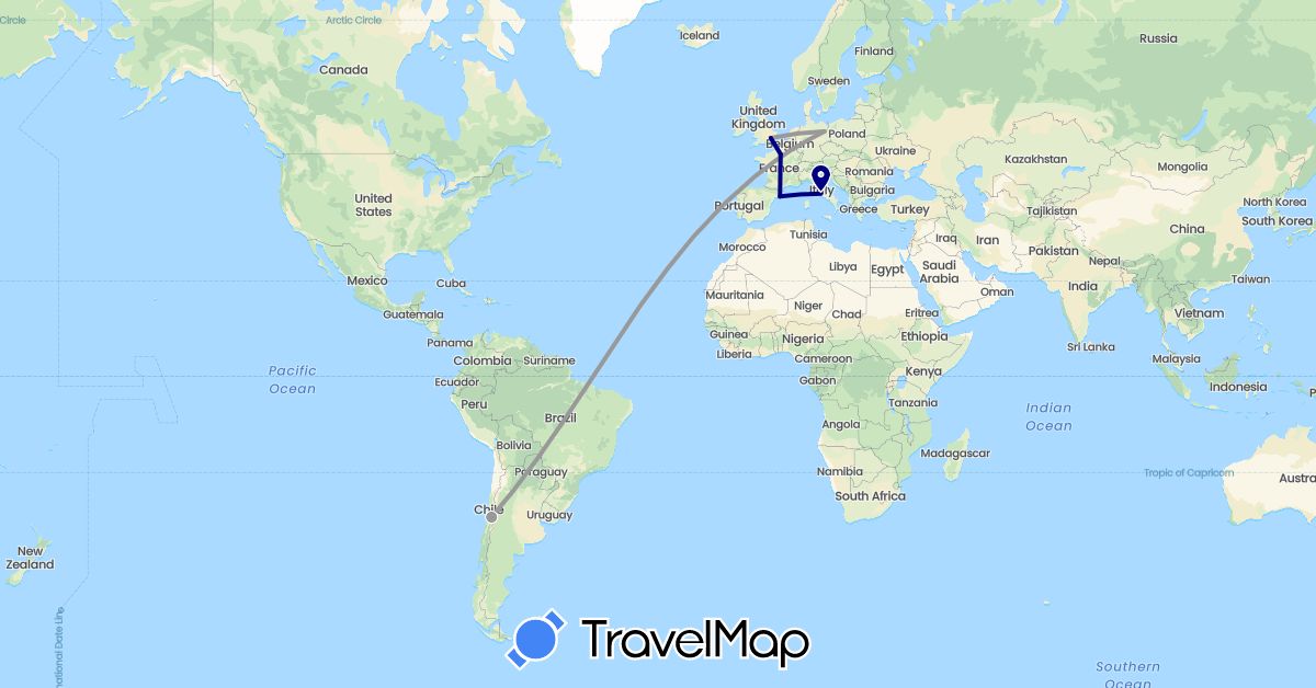 TravelMap itinerary: driving, plane in Chile, Germany, Spain, France, United Kingdom, Italy (Europe, South America)
